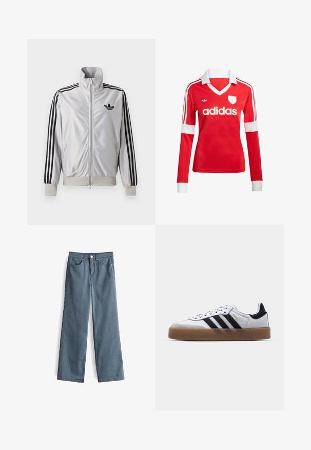 Witte jas met ritssluiting met zwarte drie-strepen details op de mouwen, zwart trefoil-logo op de borst en geribde boorden en tailleband.; Rode lange mouwen voetbalshirt met een witte kraag en manchetten. Heeft drie witte strepen op de schouders en het "adidas" logo prominent weergegeven.; Lichtblauwe en witte gestreepte wijde broek met hoge taille, voorzien van vijf zakken en een knoopsluiting in de taille.; Witte leren sneakers met zwarte strepen, gumrubberen buitenzool, ronde neus, vetersluiting en een zachte grijze suède neuskap.