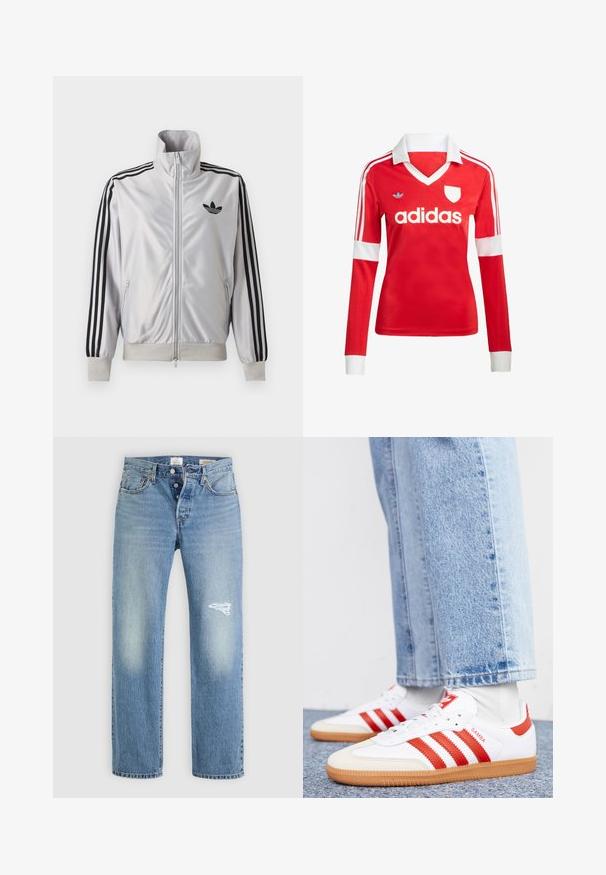 Biely zip-up kabát s čiernym detailom troch prúžkov na rukávoch, čiernym logom trefoil na hrudi a rebrovanými manžetami a lemom.; Červený futbalový dres s dlhým rukávom a bielym golierom a manžetami. Na ramenách sú tri biele pruhy a výrazne zobrazené logo "adidas".; Svetlomodré džínsy s voľným strihom, s poškodenou nášivkou na pravej stehne, piatimi vreckami a kovovým zapínaním.; Biele kožené tenisky s červenými pruhmi a akcentmi. Majú štruktúrovanú gumovú podrážku a polstrovaný golier. Nosené s svetlomodrými džínsami.