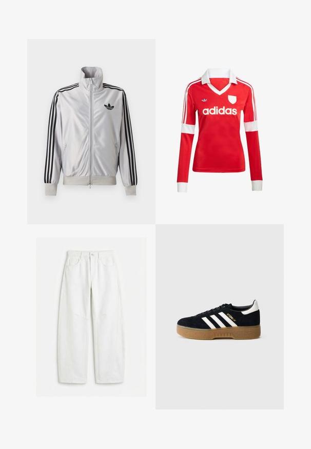 Veste blanche zippée avec détails trois bandes noirs sur les manches, logo trefoil noir sur la poitrine et poignets et ceinture côtelés.; Maillot de football à manches longues rouge avec un col et des poignets blancs. Présente trois rayures blanches sur les épaules et le logo "adidas" affiché en évidence.; Jean blanc à jambes droites avec poches avant, passants pour ceinture, fermeture par bouton et détails de coutures visibles.; Baskets en daim noir avec trois bandes blanches et logo doré. Semelle en gomme avec adhérence texturée. Design classique à tige basse, bout arrondi.