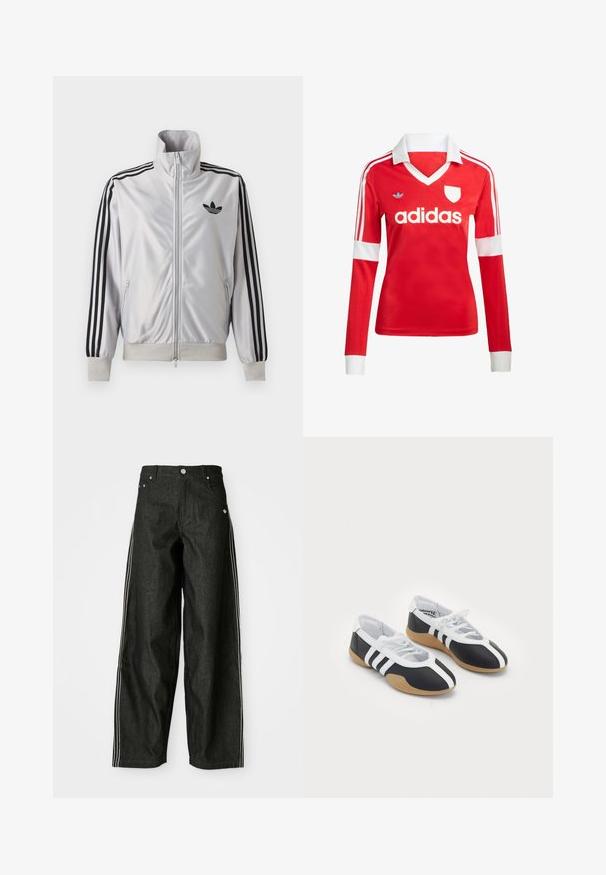 Hvid lynlåsjakke med sorte tre-stribe detaljer på ærmerne, sort trefoil-logo på brystet og ribbet manchetter og linning.; Rød langærmet fodboldtrøje med hvid krave og manchetter. Har tre hvide striber på skuldrene og "adidas" logoet fremtrædende vist.; Sorte denim bukser med brede ben og hvide sider, der har forlommer, knaplukning og et diskret logo nær taljen.; Sort-hvide sportsko med et slankt design, gummisål, snørebåndslukning og tre hvide striber på siden.