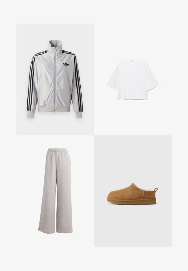 Veste blanche zippée avec détails trois bandes noirs sur les manches, logo trefoil noir sur la poitrine et poignets et ceinture côtelés.; T-shirt blanc à manches courtes, coupe carrée, en coton doux. Présente un col rond et des manches larges, avec un design épuré et simple.; Pantalon de survêtement gris clair avec une coupe ample, une taille élastique et une texture douce. Présente un logo discret sur un côté. Design décontracté.; Chaussure mocassin en suède marron avec une douillette doublure en fourrure blanche, semelle plate en caoutchouc, bout arrondi et petite languette au talon.