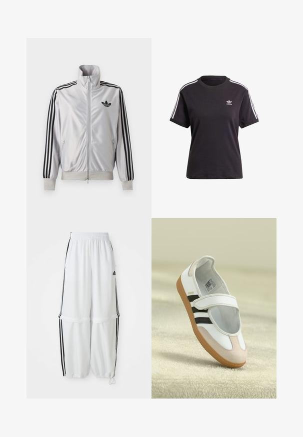 Hvid lynlåsjakke med sorte tre-stribe detaljer på ærmerne, sort trefoil-logo på brystet og ribbet manchetter og linning.; Sort bomulds t-shirt med korte ærmer og rund hals, der har hvide striber på skuldrene og et lille hvidt Adidas-logo på brystet.; Hvide sportbukser med en afslappet pasform, elastisk talje og sorte sidelæg. Har lynlåslommer og elastiske afslutninger ved anklerne.; Hvid sko med en lyserød ruskindforfod, sorte striber og en velcrorem. Har en lys gummi sål og et logo på siden.