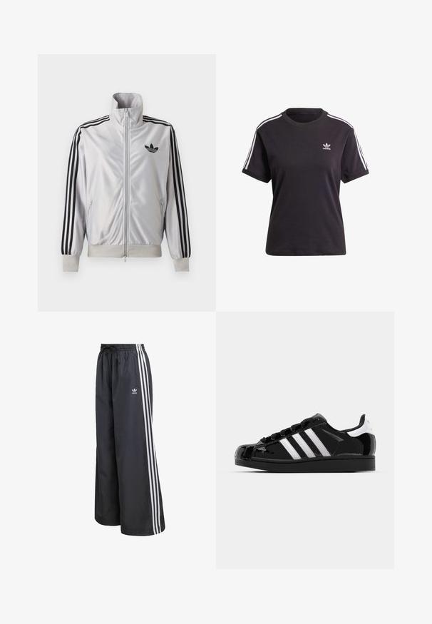 Biely zip-up kabát s čiernym detailom troch prúžkov na rukávoch, čiernym logom trefoil na hrudi a rebrovanými manžetami a lemom.; Čierne bavlnené tričko s krátkym rukávom a okrúhlym výstrihom, s bielymi pruhmi na ramienkach a malým bielym logom Adidas na hrudi.; Čierne športové nohavice z ľahkého materiálu, s tromi bielymi vertikálnymi pruhmi a elastickým pásom so sťahovacou šnúrkou.; adidas Originals SUPERSTAR II - Tenisky - core black/footwear white/gold metallic