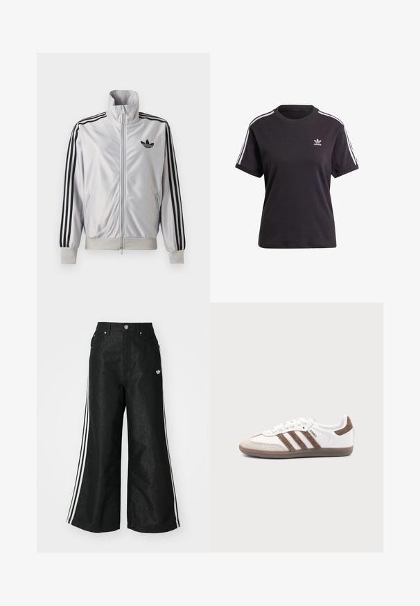 Valge lukuga jakk musta kolmetriibulise detailiga varrukatel, must trefoil-logo rinnal ning soonikkätte- ja vöökohaga.; Must kõrge kaelusega must puuvillane T-särk lühikeste varrukatega, millel on valged triibud õlgadel ja väike valge Adidas'i logo rinna peal.; Mustad mustadeline denimipüksid, millel on kummalgi küljel kolm valget triipu ja väike valge logo. Omab esikotte ja nööbiga kinnihoidmist.; Valge Adidas Samba toss pruunide seemisnahast triipude, pruuni kummist tallaga ja beežika seemisnahast varbakattaga, kujutatud välisküljelt ühevärvilise tausta peal.