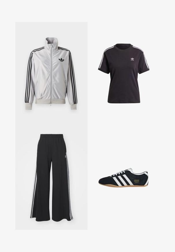 Hvid lynlåsjakke med sorte tre-stribe detaljer på ærmerne, sort trefoil-logo på brystet og ribbet manchetter og linning.; Sort bomulds t-shirt med korte ærmer og rund hals, der har hvide striber på skuldrene og et lille hvidt Adidas-logo på brystet.; Sorte bukser med vide ben og elastik i taljen, med tre hvide striber langs ydersiderne og et lille logo foran.; Sort ruskinds sneaker med hvide tre striber, guldlogo og en brun gummisål. Har et lavprofil snørebåndsdesign.