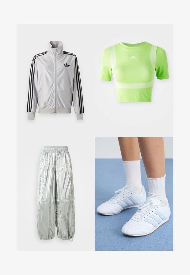 Valge lukuga jakk musta kolmetriibulise detailiga varrukatel, must trefoil-logo rinnal ning soonikkätte- ja vöökohaga.; Lühenud sportlik särk ere roheline. Omab lühikesi varrukaid, ümarat kaelust ja valget diagonaalriba mustrit õlgadel. adidas logo ees.; Hõbedased kerged cargo püksid läikiva tekstuuriga, elastse vöökoha, kokku tõmmatud varrukate ja kahe suure ees oleva taskuga.; Valged nahast spordijalatsid helesiniste triipudega, tekstureeritud varbaosa ja valged lühikesed sokid. Asetatud sinise vaiba pinnale.