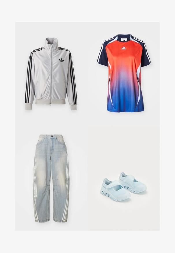 Valge lukuga jakk musta kolmetriibulise detailiga varrukatel, must trefoil-logo rinnal ning soonikkätte- ja vöökohaga.; Adidase lühikeste varrukatega spordipluus, millel on punasest siniseks üleminek, tumesinised aktsendid ja valged triibud õlgade äärte ümber.; Heledad sinine teksarihm, millel on lõtv lõige, valged triibud külgedel, kulunud detailid ja nupuga sulgemine vööl.; Heledad sinised tossud, millel on võrgusilmast valmistatud pealmine osa, silmapaistvad lõikeavad tallas ja Velcro rihm ülevalt, et tagada kindel sobivus.