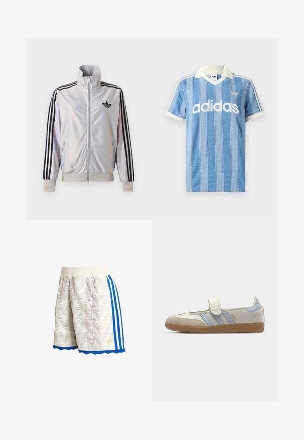 Chaqueta blanca con cremallera con detalles de tres rayas negras en las mangas, logo trefoil negro en el pecho y puños y cintura acanalados.; Polo de manga corta azul claro con rayas verticales, detalles en blanco y prominente logo blanco de "adidas" en el frente.; Pantalones cortos blancos texturizados con franjas laterales azules, cintura acanalada, dobladillo azul ondulado y pequeño logo dorado en el lateral inferior.; adidas Originals SAMBA JANE BALLERINA - Bailarinas con hebilla - cloud white/halo blue