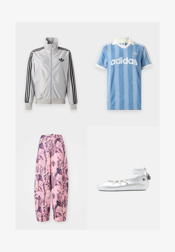 Biely zip-up kabát s čiernym detailom troch prúžkov na rukávoch, čiernym logom trefoil na hrudi a rebrovanými manžetami a lemom.; Svetlomodré polokošeľa s krátkym rukávom s vertikálnymi pruhmi, bielymi akcentmi a výrazným bielym logom „adidas“ na prednej strane.; Ružové a fialové široké nohavice s vzorom obsahujúce dizajn listov a vetvičiek, s vysokým pásom a bočnými vreckami pre väčšiu funkčnosť.; Biele balerínky s viazaním okolo členka, šnurovaním na prednej časti a malou kovovou značkou pripevnenou na pätovej záložke, zobrazené na jednofarebnom pozadí.