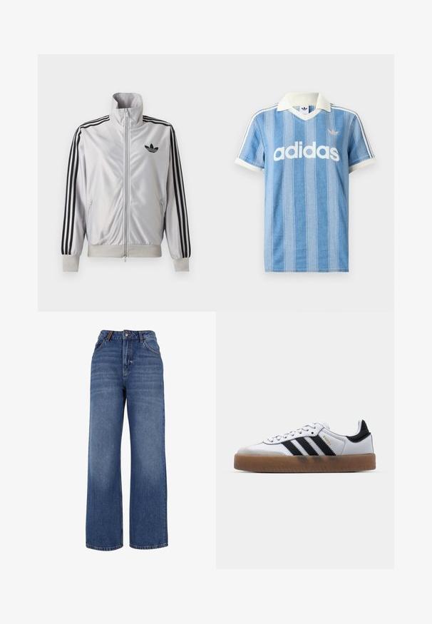 Chaqueta blanca con cremallera con detalles de tres rayas negras en las mangas, logo trefoil negro en el pecho y puños y cintura acanalados.; Polo de manga corta azul claro con rayas verticales, detalles en blanco y prominente logo blanco de "adidas" en el frente.; Pantalones vaqueros de pierna ancha hechos de tejido de algodón azul de peso medio. Presentan un diseño clásico de cinco bolsillos y una cremallera con cierre de botón.; Zapatillas de cuero blancas con rayas negras, suela de goma, puntera redonda, cierre de cordones y caperuza de ante gris suave.