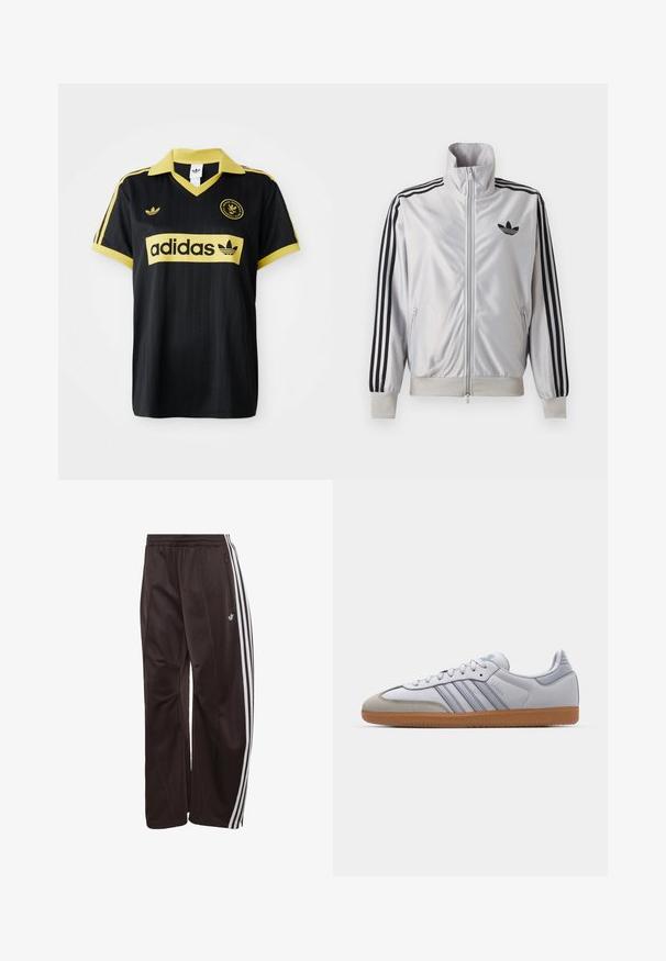 Biely zip-up kabát s čiernym detailom troch prúžkov na rukávoch, čiernym logom trefoil na hrudi a rebrovanými manžetami a lemom.; Čierny športový dres s žltými akcentmi, s pruhovaným dizajnom, v golieri vo forme písmena V a s logom adidas zreteľne zobrazeným na hrudi.; Čierne teplákové nohavice Adidas s bielymi tromi pruhmi po stranách, elastickým pásom, bočným vreckom na zips a logom Adidas na ľavej nohe.; Biele kožené tenisky s svetlomodrými akcentmi, sivým semišovým špičkou a hnedou gumovou podrážkou. Obsahujú tri modré pruhy a branding "Samba".