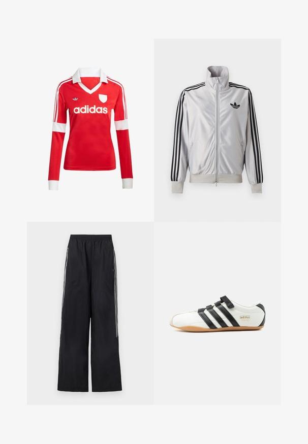 Biely zip-up kabát s čiernym detailom troch prúžkov na rukávoch, čiernym logom trefoil na hrudi a rebrovanými manžetami a lemom.; Červený futbalový dres s dlhým rukávom a bielym golierom a manžetami. Na ramenách sú tri biele pruhy a výrazne zobrazené logo "adidas".; Čierne široké teplákové nohavice s elastickým pásom a tromi bielymi pruhmi na boku každej nohavice.; Biele tenisky Adidas Tokyo s čiernymi pruhmi, čiernymi suchými zipsami a podrážkou v gumovej farbe, zobrazené z boku na bielom pozadí.