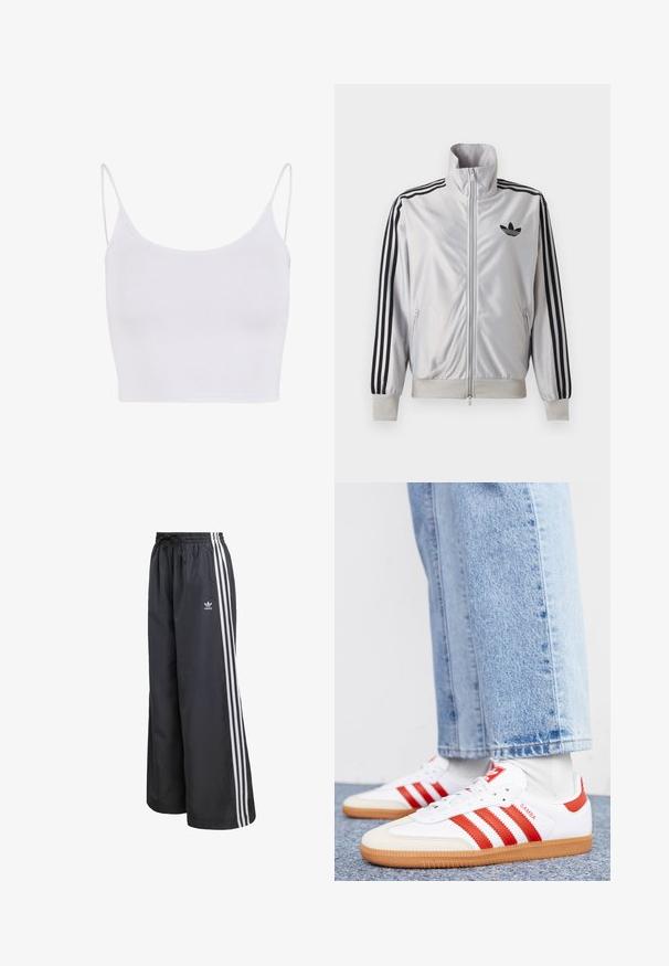 Veste blanche zippée avec détails trois bandes noirs sur les manches, logo trefoil noir sur la poitrine et poignets et ceinture côtelés.; Haut camisolé blanc avec de fines bretelles réglables, une coupe ajustée et une texture lisse et extensible sans motifs ni embellissements.; Pantalon de sport noir en matière légère, avec trois bandes blanches verticales et une taille élastique munie d'un cordon de serrage.; Baskets en cuir blanc avec des rayures et des accents rouges. Dotées d'une semelle extérieure en gomme texturée et d'un col rembourré. Portées avec un jean en denim bleu clair.