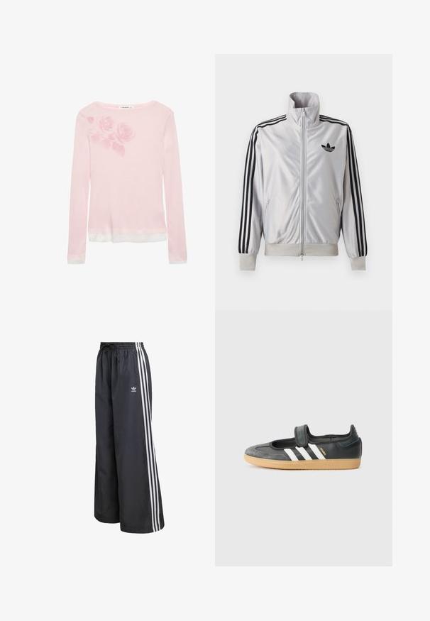 Hvid lynlåsjakke med sorte tre-stribe detaljer på ærmerne, sort trefoil-logo på brystet og ribbet manchetter og linning.; Langærmet pink t-shirt med en hvid kant, der har et diskret rosemønster på venstre skulder og rund halsudskæring. Blød stoftype.; Sorte atletikbukser lavet af letvægtsmateriale, med tre hvide lodrette striber og en elastisk talje med snøre.; Sort læder- og ruskinds sneakers med en Velcro-rem, der har tre hvide striber og en gummisål, mærket "SAMBA" på siden.
