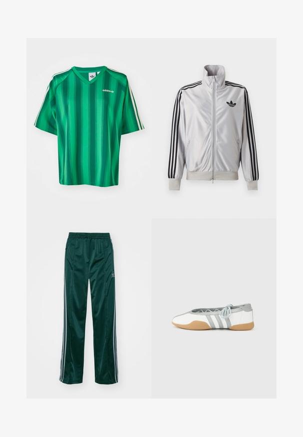 Biely zip-up kabát s čiernym detailom troch prúžkov na rukávoch, čiernym logom trefoil na hrudi a rebrovanými manžetami a lemom.; Zelené pruhované tričko s krátkym rukávom, výstrihom do V a logom Adidas. Má kontrastné biele bočné pruhy a hladkú, ľahkú tkaninu.; Tmavozelené športové nohavice vyrobené z lesklého materiálu, s bočnými pruhmi v svetlošedej farbe a vyšitým logom na ľavom stehne.; Biele a sivé balerínky s okrúhlou špičkou a elastickou šnúrkou, s tromi sivými pruhmi a béžovou gumovou podrážkou.