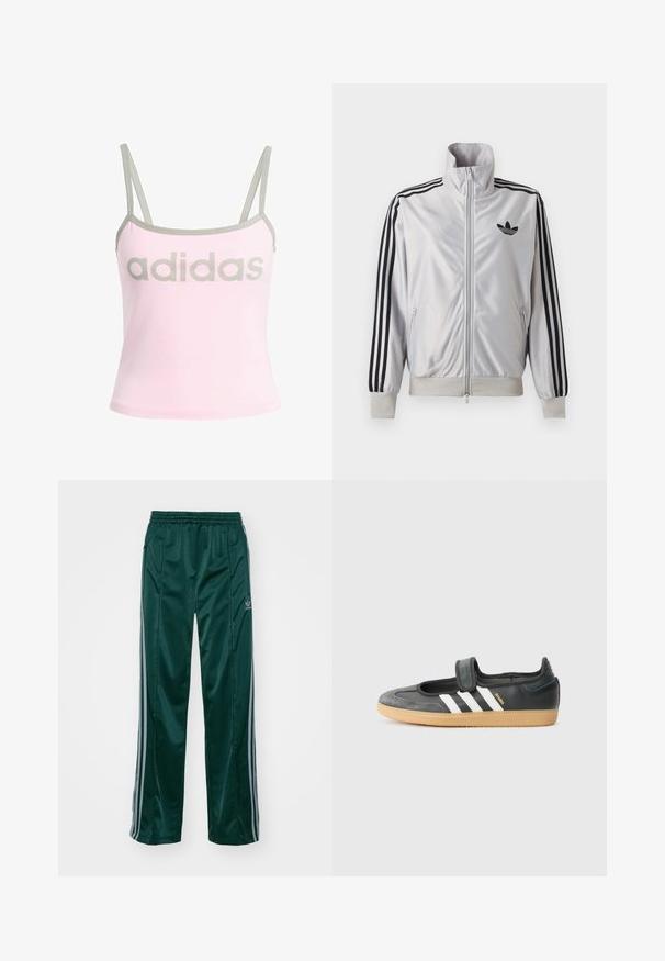 Witte jas met ritssluiting met zwarte drie-strepen details op de mouwen, zwart trefoil-logo op de borst en geribde boorden en tailleband.; Lichtroze tanktop met grijze details en verstelbare spaghettibandjes, met een groot, gecentreerd grijs "adidas" logo. Katoenen materiaal.; Donkergroene sportbroeken van glanzend materiaal, met zijstrepens in lichtgrijs en een geborduurd logo op het linkerbeen.; Zwarte leren en suède sneaker met een klittenbandsluiting, voorzien van drie witte strepen en een gumzool, met de naam "SAMBA" aan de zijkant.