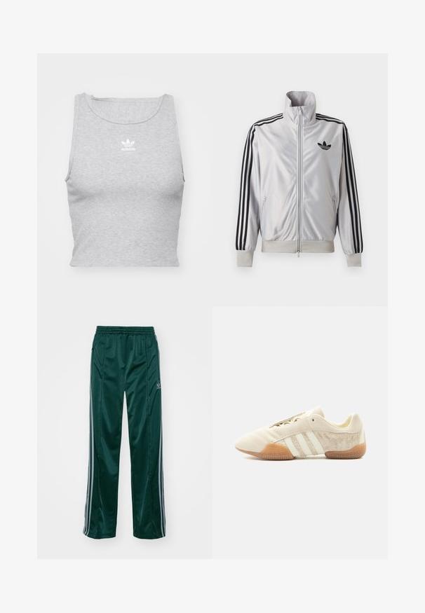 Valge lukuga jakk musta kolmetriibulise detailiga varrukatel, must trefoil-logo rinnal ning soonikkätte- ja vöökohaga.; Hallikas, ilma varrukat crop top pehmest kangast, ümarate kaelustega ja väikese valge Adidas logo'ga rinna peal.; Tumedad roheline sportpants, mis on valmistatud läikivast materjalist, külgedel on heledates hallides triipudes ja vasakul jalal on broderdatud logo.; Madalprofiilne beežid tossud kolme valge triibu, tekstuuriga seemisnahast külgdetailide, kummisest tallaga ja paeltega kinnitusega ühevärvilisel taustal.