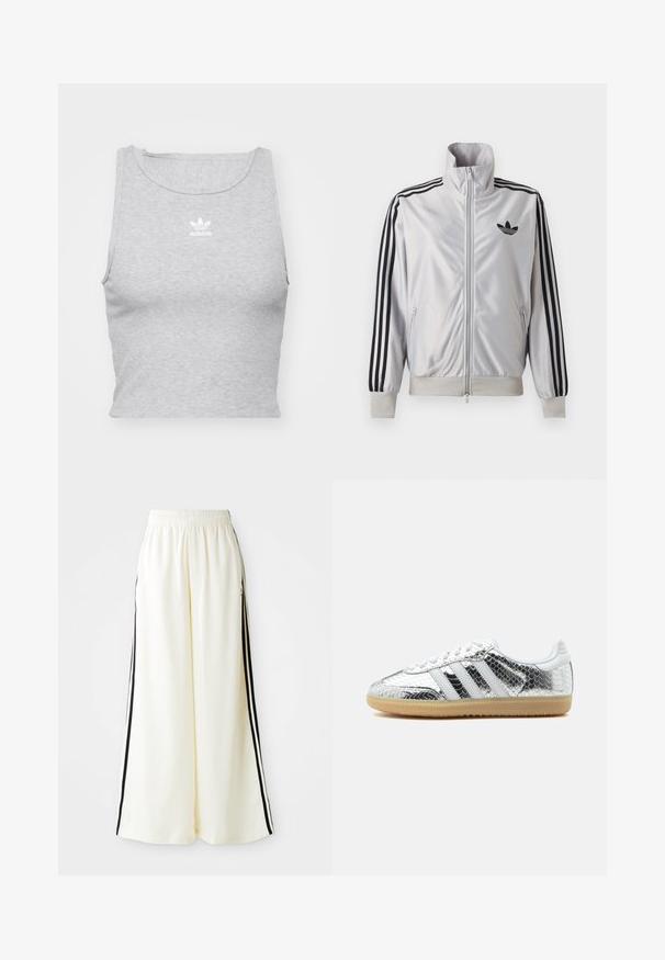 Weißes Reißverschlussjacke mit schwarzen drei Streifen an den Ärmeln, schwarzem Trefoil-Logo auf der Brust und gerippten Bündchen und Bund.; Graues, ärmelloses Crop-Top aus weichem Stoff, mit Rundhalsausschnitt und kleinem weißen Adidas-Logo auf der Brust.; Weiße weite Hosen mit elastischem Bund und schwarzen vertikalen Streifen an den äußeren Nähten.; Low-Top-Sneaker mit silber metallic Schlangenhautstruktur, weißen Streifen, weißen Schnürsenkeln und heller Gummisohle auf weißem Hintergrund.