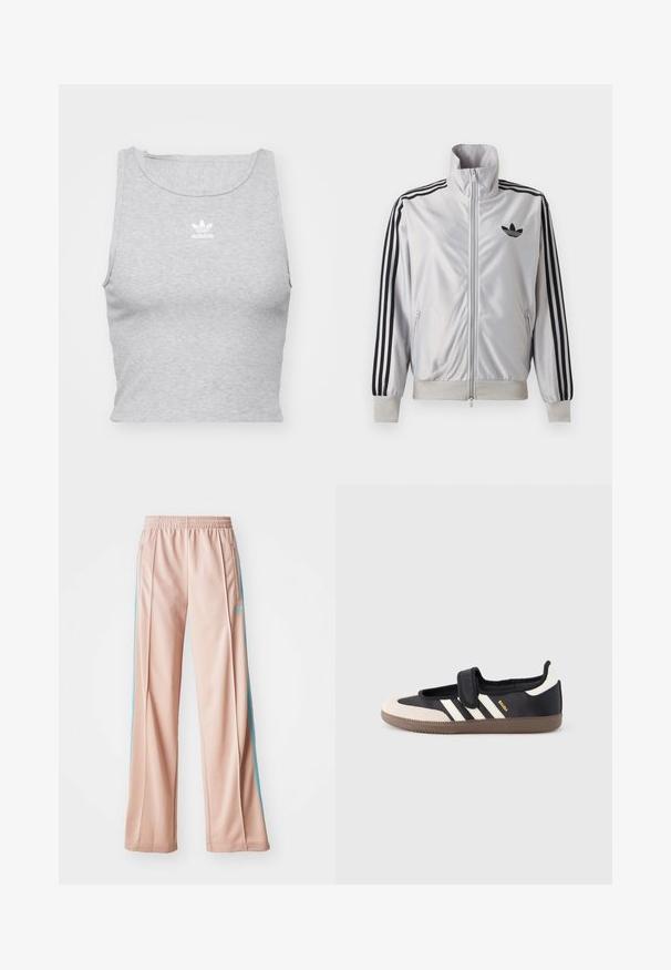 Biely zip-up kabát s čiernym detailom troch prúžkov na rukávoch, čiernym logom trefoil na hrudi a rebrovanými manžetami a lemom.; Šedý, bezrukávový crop top vyrobený z jemnej látky, s okrúhlym výstrihom a malým bielym logom Adidas na hrudi.; Svetloružové športové nohavice s voľným strihom, s modrými bočnými prúžkami a pásom na stiahnutie. Vyrobené z hladkej, ľahkej tkaniny.; Čierna a béžová teniska s pásikom na suchý zips, tromi bielymi pruhmi na boku a štruktúrovanou hnedou gumovou podrážkou. Viditeľné logo značky.