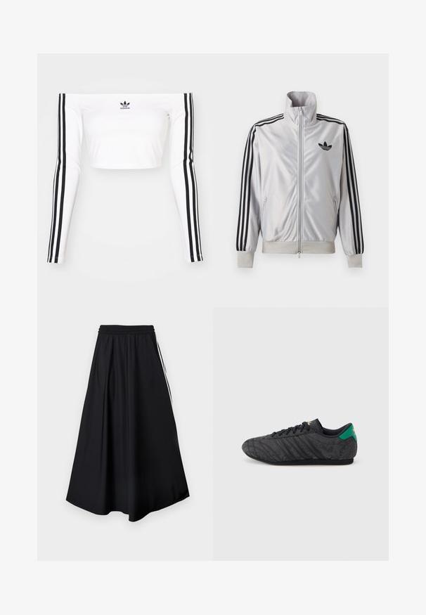 Chaqueta blanca con cremallera con detalles de tres rayas negras en las mangas, logo trefoil negro en el pecho y puños y cintura acanalados.; Top corto blanco de manga larga y sin hombros en tejido elástico. Presenta acentos en negro con tres rayas en las mangas y un pequeño logo negro en el pecho.; Pantalones negros de pierna ancha con cinturilla elástica y franjas blancas laterales, mostrados sobre un fondo blanco liso.; Zapatilla negra de perfil bajo con un sutil patrón floral, cordones negros, lengüeta trasera verde y logo dorado en la lengüeta y el talón.