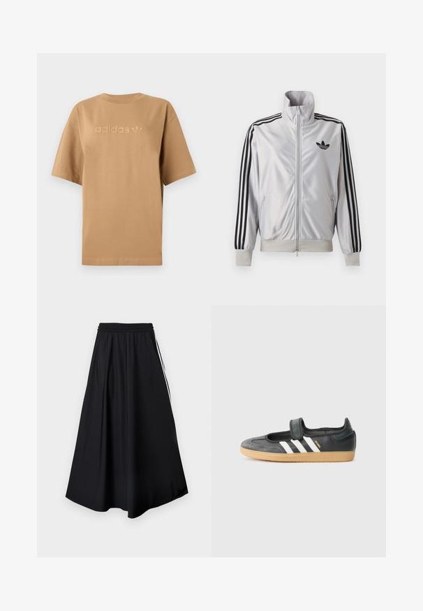 Hvid lynlåsjakke med sorte tre-stribe detaljer på ærmerne, sort trefoil-logo på brystet og ribbet manchetter og linning.; Brun bomulds-T-shirt med korte ærmer og rund halsudskæring. Har opstående "adidas" logo og trefoil-emblem i en matchende tone.; Sorte bukser med vidde i benene, elastisk talje og hvide sidestriber, vist mod en simpel hvid baggrund.; Sort læder- og ruskinds sneakers med en Velcro-rem, der har tre hvide striber og en gummisål, mærket "SAMBA" på siden.