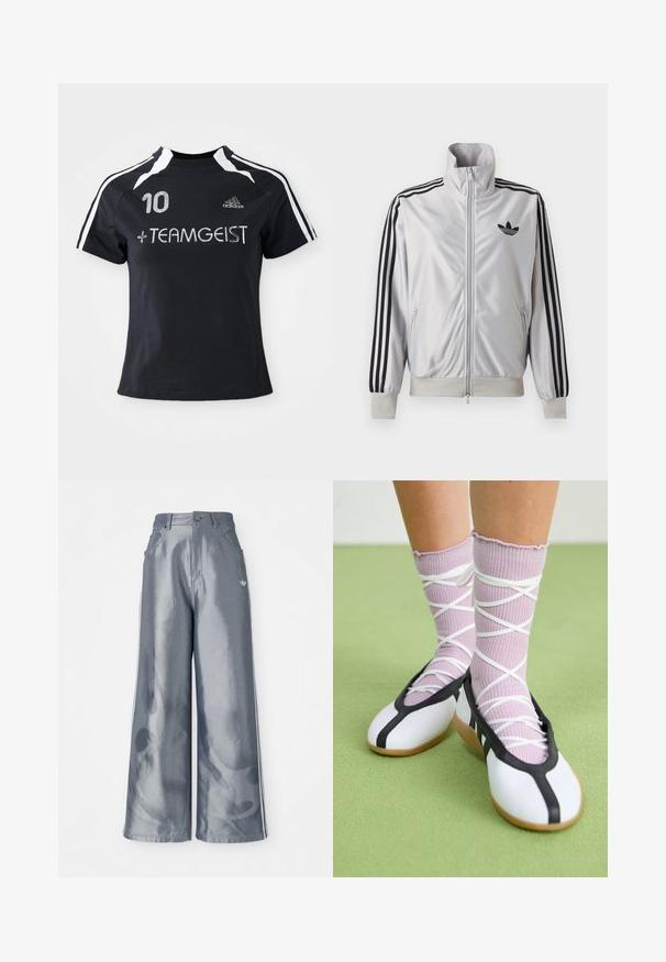 Biely zip-up kabát s čiernym detailom troch prúžkov na rukávoch, čiernym logom trefoil na hrudi a rebrovanými manžetami a lemom.; Čierny dres s krátkymi rukávmi a bielymi pruhmi, má vyšitú číslicu "10" a " + TEAMGEIST " vpredu. Vyrobený z mäkkého a priedušného materiálu.; Široké nohavice z lesklého šedého materiálu, s bielymi bočnými pruhmi a plamenným vzorom na dolnej časti nohavíc. Zapínanie na gombík a zips v páse.; Nohy v rebrovaných levanduľových ponožkách s bielymi krížovými pásmi v kombinácii s bielymi baletnými papučkami s čiernym lemom na zelenej podlahe.