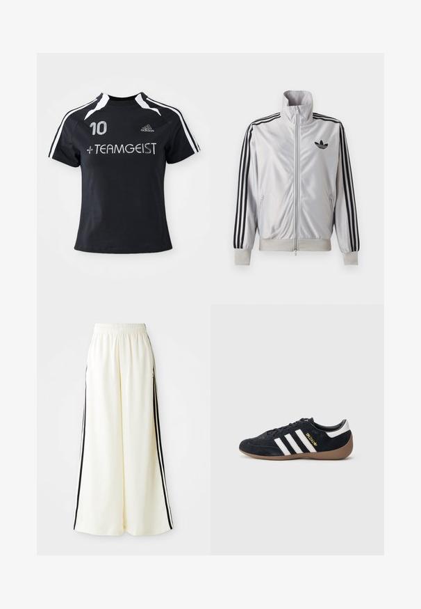Valge lukuga jakk musta kolmetriibulise detailiga varrukatel, must trefoil-logo rinnal ning soonikkätte- ja vöökohaga.; Must must sleevesega jersy, millel on valged triibud, esiküljel on broderitud number "10" ja "+ TEAMGEIST". Valmistatud pehmest ja hingavast materjalist.; Valged laiad püksid, millel on elastne vöökoht ja mustad vertikaalsed triibud välisseintel.; Mustast seemisest vabaajajalats, millel on kolm valget triipu, kummisest tallast ja küljele kinnitatud väike kuldne logo. Siseküljel on sile must vooder.