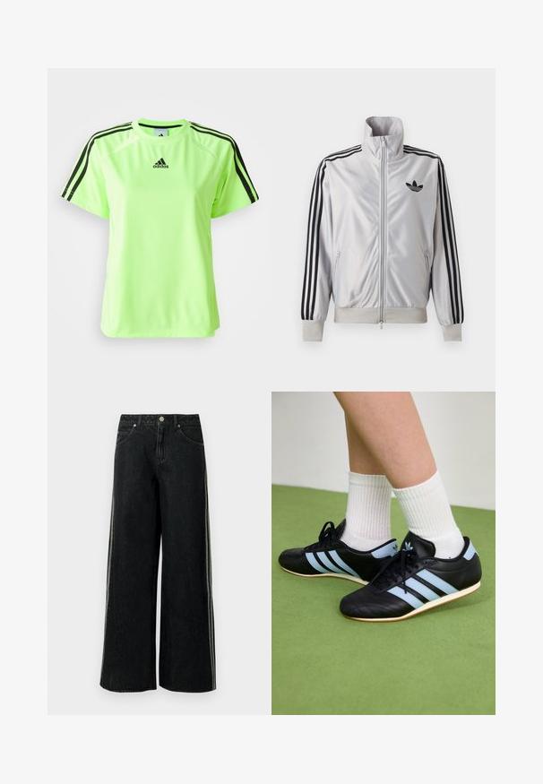 Chaqueta blanca con cremallera con detalles de tres rayas negras en las mangas, logo trefoil negro en el pecho y puños y cintura acanalados.; Camiseta deportiva de color verde neón, fabricada con tejido que absorbe la humedad. Presenta un diseño de tres rayas negras en los hombros y un logo centrado en el pecho.; Vaqueros negros de pierna ancha con franjas laterales, bolsillos delanteros, trabillas para cinturón y cierre de botón metálico en la cintura.; Zapatillas deportivas de cuero negro con rayas azul claro, parte superior texturizada y suelas de goma, combinadas con calcetines de rayas blancas sobre un suelo verde.
