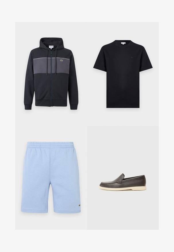 Sweat à capuche zippé noir et gris foncé avec capuche à cordon de serrage et logo crocodile vert Lacoste sur la poitrine.; T-shirt noir à manches courtes avec col rond, orné d'un petit logo crocodile ton sur ton sur le côté gauche de la poitrine.; Shorts en coton bleu clair avec une taille élastique, ornés d'un petit logo crocodile vert brodé sur la partie inférieure de la jambe droite.; Chaussures à enfiler en cuir marron avec une surface texturée et une semelle beige clair contrastante, présentant un bout arrondi et de minimalistes détails de couture.