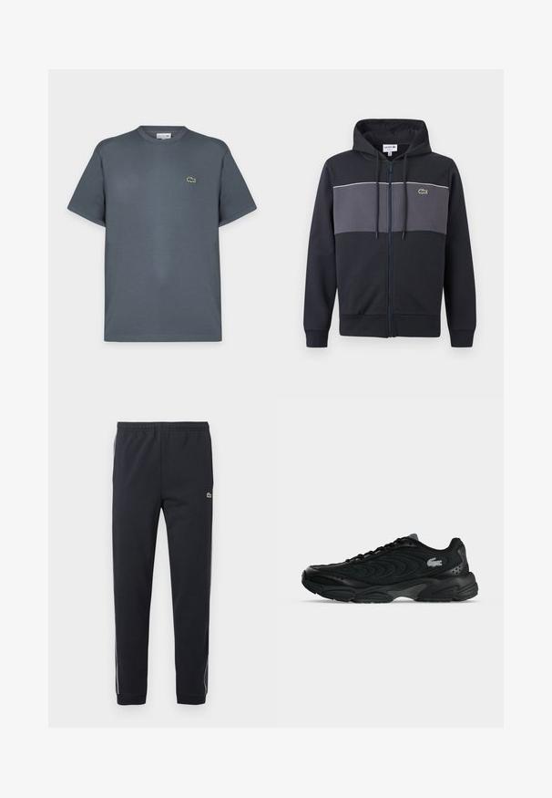 Sweat à capuche zippé noir et gris foncé avec capuche à cordon de serrage et logo crocodile vert Lacoste sur la poitrine.; T-shirt gris foncé à manches courtes et col rond avec un petit logo crocodile vert sur la poitrine gauche, présenté sur un fond clair uni.; Pantalon de sport noir avec taille élastique, jambes fuselées, bandes latérales blanches et petit logo crocodile vert sur la cuisse droite.; Baskets de sport noires avec des motifs de couture incurvés et un petit logo crocodile sur le côté, vues de la partie extérieure sur un fond uni.