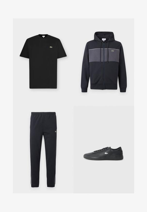 Sort og mørkegrå hættetrøje med lynlås, snøre i hætten og Lacoste grøn krokodille-logo på brystet.; Sort kortærmet crew neck t-shirt med et lille grønt krokodil-logo på venstre bryst på en lysegrå baggrund.; Sorte atletikbukser med elastisk taljebånd, tilspidsede ben, hvide sidelommer og lille grønt krokodillelogo på højre lår.; Sorte lædersneakers med rund tå, flad sål og hvidt logo på siden. Har sorte snørebånd og en glat, mat finish.