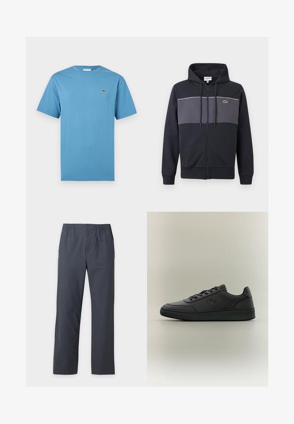Sweat à capuche zippé noir et gris foncé avec capuche à cordon de serrage et logo crocodile vert Lacoste sur la poitrine.; T-shirt bleu à manches courtes avec col rond et petit logo de crocodile vert sur le côté gauche de la poitrine, présenté sur fond blanc.; Pantalon droit gris foncé avec taille élastique et fermeture par boutons à l'avant sur un fond uni clair.; Baskets noires en matériau synthétique lisse, avec un design bas, bout rond, système de laçage à l'avant, logo en relief et semelle texturée.