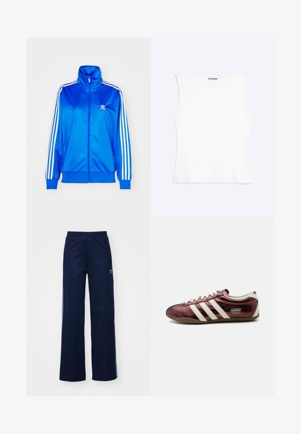 adidas Originals ADICOLOR CLASSICS FIREBIRD LOOSE - Sweatjacke - blue bird; Weißes, ärmelloses, figurbetontes Tanktop mit rundem Ausschnitt und minimalistischem Design, innen am Kragen mit der Aufschrift „WEEKDAY“.; Helleblaue Baumwollmischung Trainingshosen mit weit geschnittenem Design, elastischem Bund und Reißverschlusstaschen, mit weißen Seitenstreifen und Logodetails.; Flacher metallischer burgunderfarbener Adidas Sneaker mit weißen Streifen, Schnürsenkeln und „Adidas Tokyo“-Branding an der Seite.