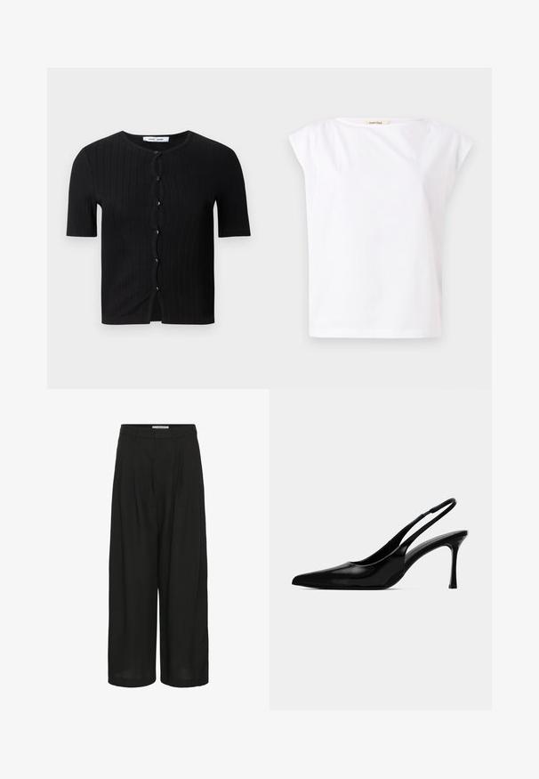 Cardigan noir à manches courtes et à col rond, avec des boutons ronds noirs et un détail ondulé sur le devant. Tissu doux et texturé.; T-shirt blanc en coton à manches courtes avec un col rond et une petite étiquette "Selected" à l'intérieur du col.; Pantalon noir à jambes larges avec plis à l'avant, taille avec passants pour ceinture et détail de bouton latéral à la taille.; Escarpin en cuir verni noir à bride arrière, avec un bout pointu, un design épuré et un talon aiguille fin. Texture lisse, embellissements minimaux.