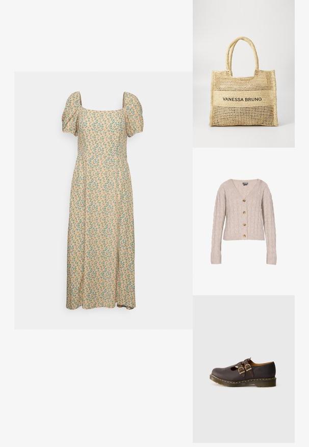 Beige cardigan z pleteným vzorom s V-výstrihom, dlhými rukávmi a štyrmi gombíkmi na zapínanie vpredu. Vyrobený z mäkkej, textúrovanej látky.; Even&Odd by Zalando Denné šaty - green/pink; Tmavo hnedá kožená topánka s dvojitými sponami, perforovaným dizajnom špičky a hrubou priesvitnou podrážkou so žltým prešívaním.; Béžová tkaná taška s dvoma uchami a nápisom "VANESSA BRUNO" čiernou farbou potlačeným na pevnej tkaninovej panely v strede.