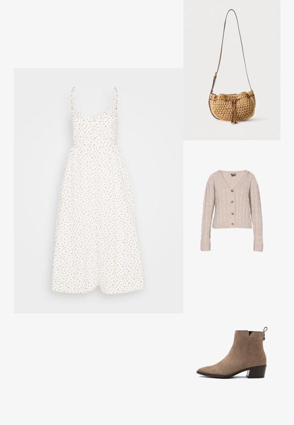 Beige cardigan z pleteným vzorom s V-výstrihom, dlhými rukávmi a štyrmi gombíkmi na zapínanie vpredu. Vyrobený z mäkkej, textúrovanej látky.; Madewell ALEXA RUFFLE BODICE BUTTON DOWN MIDI DRESS PRINT - Tričkové šaty - lighthouse; Hnedé semišové členkové topánky s ostrou špičkou, nízkym blokovým podpätkom a pútkom vzadu. Hladká textura s minimálnymi švíkmi.; Malá béžová pletená kabelka na rameno s nastaviteľným hnedým koženým remienkom a prednou koženou šnúrkou, visiaca na bielom pozadí.