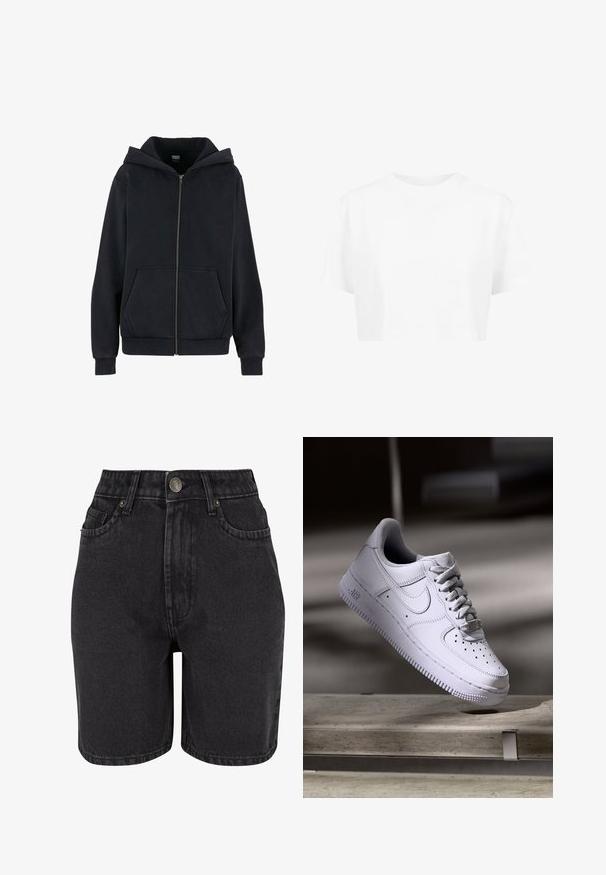Urban Classics VINTAGE HEAVY - Lukuga pusa - black; Valge lühikeste varrukatega lühikese lõikega t-särk, ümmarguse kaelusega, valmistatud siledast kangast, ilma nähtavate mustrite või silmapaistva riistvarata.; Mustad sinised teksashortsid kõrge vöökoht, viie tasku disain ja metallist nööpkinnitus. Kude on sileda tekstuuriga, millel on kerge fade.; Valge Nike Air Force 1 toss, mis hõljub betoonpinna kohal, varjud minimalistlikus keskkonnas.