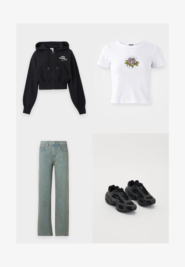 Čierna skrátená mikina na zips s kapucňou so sťahovacími šnúrkami, prednými vreckami, rebrovanými manžetami a logom "nike athletics" na ľavej strane hrude.; Biela krátkorpová tričko s priliehavým strihom, s vyšitým grafickým dizajnom ruže v strede a okružným textom okolo kvetu.; Svetlomodré rovné džínsy vyrobené z denimu, s piatimi vreckami, zapínaním na gombík a zips a jemným vyblednutím látky.; Čierne tenisky Nike s panelmi z sieťoviny a semišu, unikátnymi výrezmi a vypolstrovanými goliermi. Lesklé akcenty na stranách zdôrazňujú moderný dizajn.
