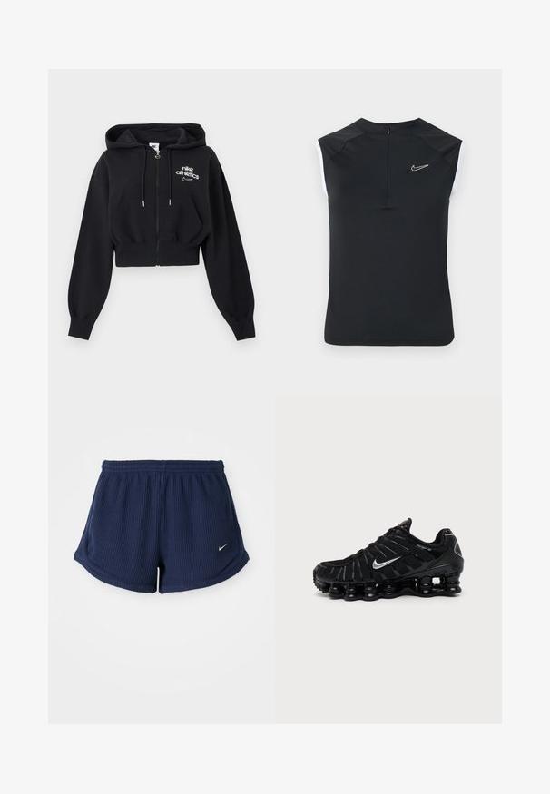 Čierna skrátená mikina na zips s kapucňou so sťahovacími šnúrkami, prednými vreckami, rebrovanými manžetami a logom "nike athletics" na ľavej strane hrude.; Čierny bezrukávový športový top s vysokým golierom, s malým bielym logom Nike na hrudi a kontrastnými bielymi prvkami na výstrihu na rukávoch.; Námorníckomodré, rebrované športové šortky s elastickým pásom, s malým bielym logom Nike na dolnej strane. Mäkká textúra látky.; Čierna Nike športová obuv so strieborným logom Swoosh, sieťovinovým a syntetickým zvrškom a výraznou segmentovanou podrážkou s poduškami.