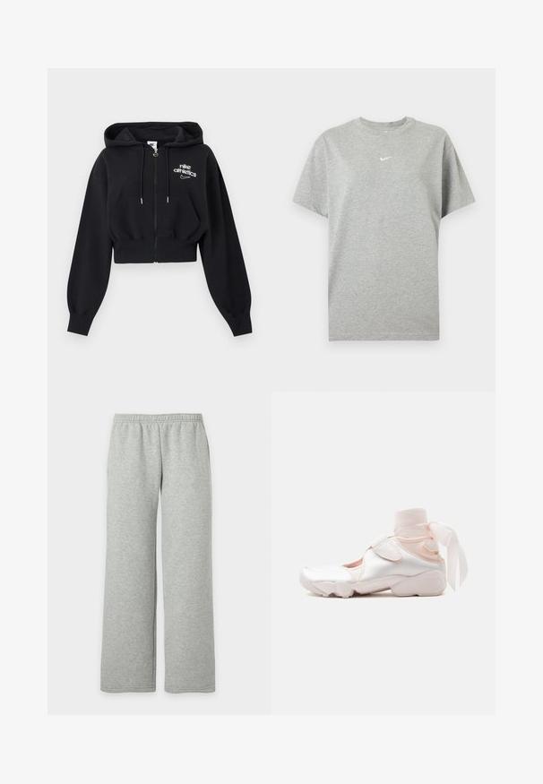 Zwarte cropped zip-up hoodie met trekkoorden, zakken aan de voorkant, geribbelde boorden en een "nike athletics" logo op de linkerborst.; Grijs katoenen T-shirt met korte mouwen, ronde hals en klein wit Nike swoosh-logo in het midden van de borst.; Lichtgrijze joggingbroek met elastische tailleband en brede, rechte pijpen, getoond op een effen witte achtergrond.; Witte en lichtroze sneaker met zachte stoffen enkelwikkeling gestrikt in een strik, met verstelbare riem en afgeronde zool.