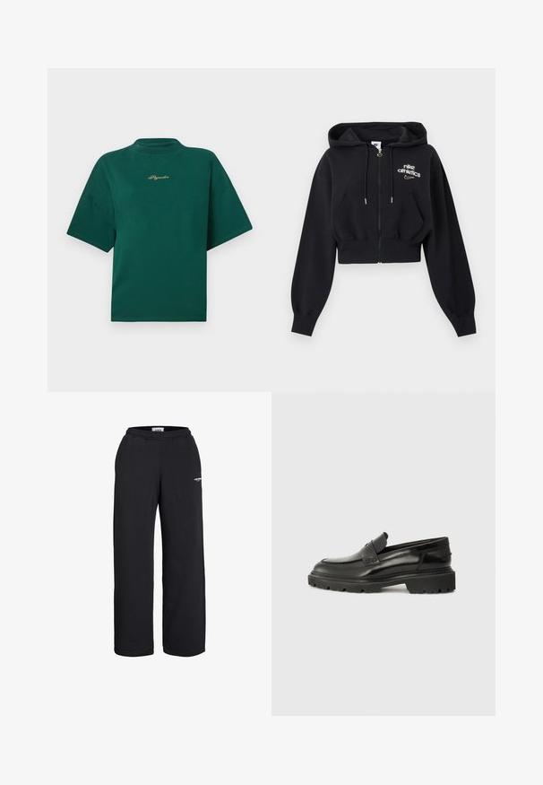 Musta lyhyt vetoketjuhuppari, jossa on kiristysnauhat, etutaskut, resorit hihansuuissa ja "nike athletics" -logo vasemmassa rinnassa.; Vihreä puuvillapaita, jossa on korkea kaula-aukko, lyhyet hihat ja kultaisella brodeerattu logo rinnassa. Yksinkertainen, laatikkomainen muotoilu.; Mustat suorat collegehousut, joissa on joustava vyötärönauha ja pieni valkoinen logo reisien yläosassa, suunniteltu rentoon käyttöön.; Musta nahkainen slip-on-kengät, joissa on pyöreä kärki, paksu tekstuuripohja ja hillitty ompelutaito. Takapuolella on pieni logo.