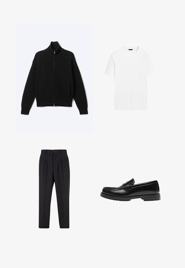 Pull noir en maille avec fermeture éclair, col montant et deux poches avant, présenté sur un fond clair uni.; T-shirt en coton blanc avec un col rond, des manches courtes et une coupe droite. Présente une texture lisse et légère, sans motifs visibles.; Pantalon noir sur mesure avec plis à l'avant, passants pour ceinture et fermeture par bouton à la taille.; Mocassin en cuir noir avec une semelle en caoutchouc épaisse et un détail classique de bride à monnaie, vu de côté extérieur.