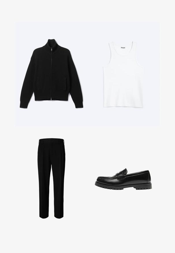 Sort strikket sweater med lynlås og høj krave samt to forlommer, vist på en ensfarvet lys baggrund.; Hvid ærmeløs tanktop med rund halsudskæring og Weekday-mærke på den indvendige baghals, vist fladt på lys baggrund.; Sorte formelle bukser med bæltestropper, knap foran og lynlås, vist mod hvid baggrund.; Sort læderloafer med en kraftig gummisål og klassiske penny-strap detaljer, vist fra ydersiden.