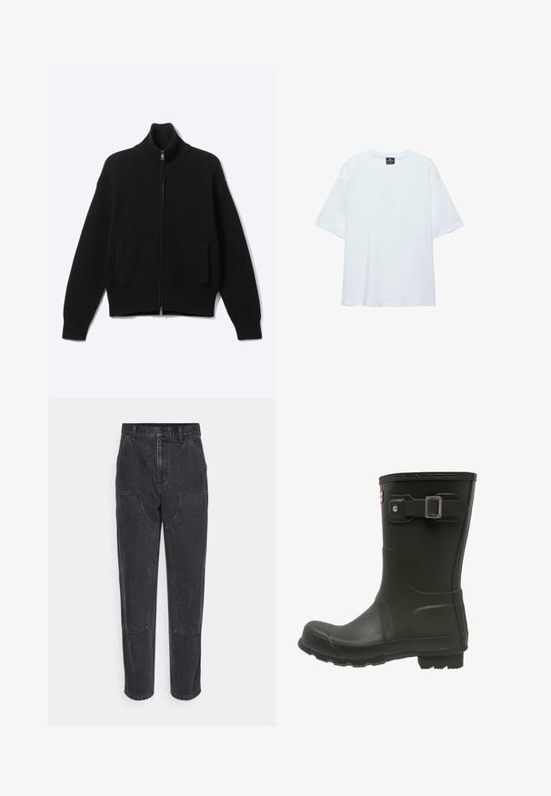 Zwarte gebreide trui met rits, hoge kraag en twee voorzakken, weergegeven op een effen lichte achtergrond.; Effen witte oversized T-shirt met korte mouwen, ronde halslijn en een zwart label aan de binnenkant van de kraag, op een witte achtergrond.; Zwarte denim jeans met een hoge taille, rechte pijpen en grote voorzakken. Kenmerkt zich door contrasterende stiksels en geen zichtbare logo's.; Zwarte rubberen regenlaars met een ronde neus, een gespband aan de bovenkant en een geprofileerde buitenzool voor grip.