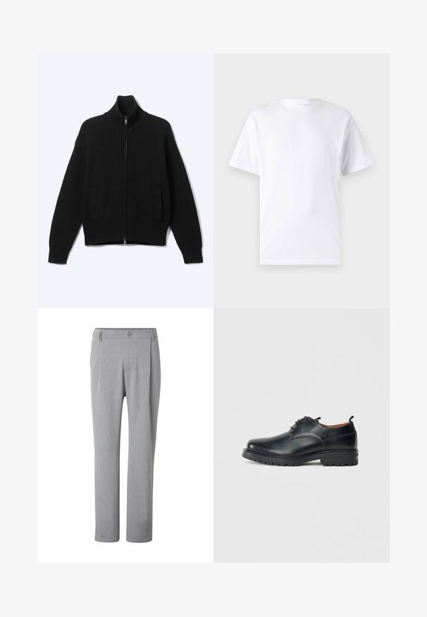 Jersey negro de punto con cremallera, cuello alto y dos bolsillos delanteros, mostrado sobre un fondo claro liso.; Camiseta blanca de manga corta hecha de algodón con cuello redondo, que presenta una textura suave y un diseño simple sin patrones ni acentos.; Pantalones gris claro de pierna recta con botón y trabillas, mostrados de frente sobre un fondo blanco.; Zapatos derby de cuero negro con una textura suave, punta redondeada, diseño de cordones y una suela de goma gruesa y resistente.