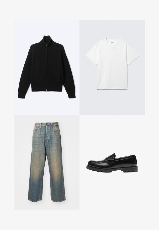 Sort strikket sweater med lynlås og høj krave samt to forlommer, vist på en ensfarvet lys baggrund.; Hvid kortærmet crewneck T-shirt lagt fladt ud, ensfarvet design, med "WEEKDAY" mærkat inde i kraven på en lys baggrund.; Høj talje, lige ben, falmede blå denimjeans med forlommer og knaplukning på en lys baggrund.; Sort læderloafer med en kraftig gummisål og klassiske penny-strap detaljer, vist fra ydersiden.