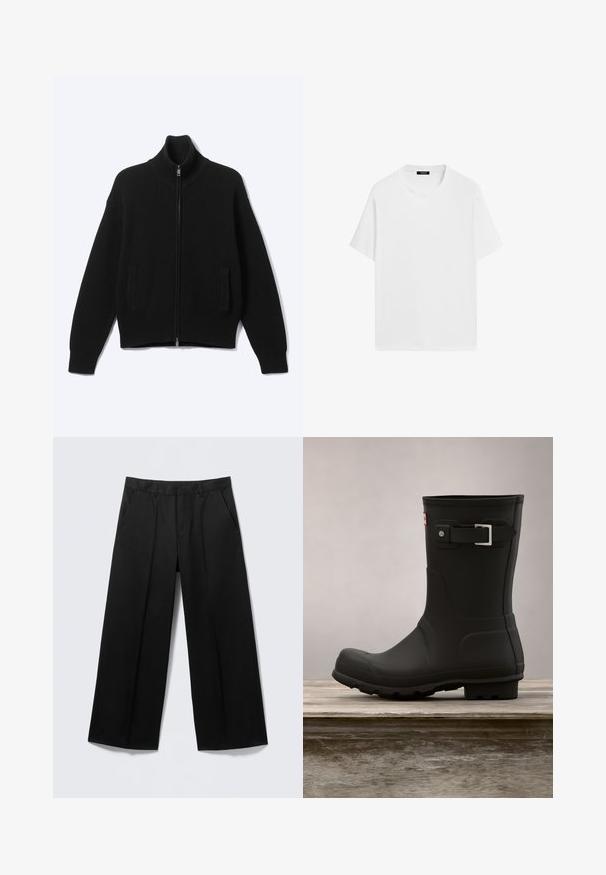 Sort strikket sweater med lynlås og høj krave samt to forlommer, vist på en ensfarvet lys baggrund.; Hvid bomulds T-shirt med korte ærmer, rund halsudskæring og en afslappet pasform. Glat tekstur og minimalistisk design, ingen mønstre eller detaljer.; Sorte vidde-bukser med bæltestropper, forlommer og lynlås foran, vist på en lysegrå baggrund.; Sorte gummistøvler med lav hæl, rund tå og en sølv spændeaccent. Har en tekstureret sål for godt fodfæste.