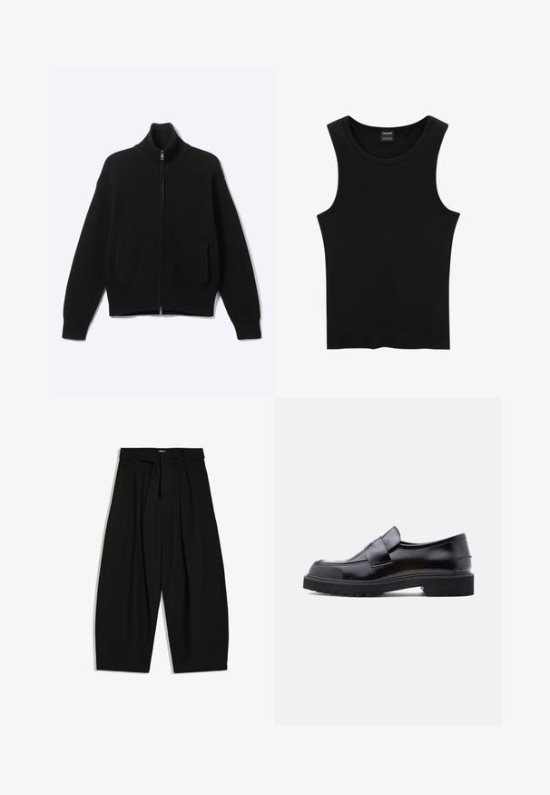 Sort strikket sweater med lynlås og høj krave samt to forlommer, vist på en ensfarvet lys baggrund.; Sort ribbet ærmeløs tanktop med rund halsudskæring og Pull&Bear-mærke inde i kraven.; Sorte bukser med vide ben og høj talje, plisseringer og et matchende stofbælte bundet foran mod en hvid baggrund.; Sorte læder slip-on sko med et slankt design, rund tå og en tyk, struktureret gummisål. Har en dekorativ rem på tværs foran.