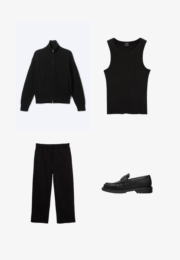 Sort strikket sweater med lynlås og høj krave samt to forlommer, vist på en ensfarvet lys baggrund.; Sort ribbet tanktop med rund halsudskæring og brede ærmegab, lavet af en blød, strækbar stof. Mærke: Pull&Bear.; Sorte sweatpants lavet af blødt stof, med elastisk talje med snøre, to sidelommer og en afslappet pasform.; Sort læderloafer med syninger på toppen, nitter på remmen og tyk gummisål, vist i profil på hvid baggrund.