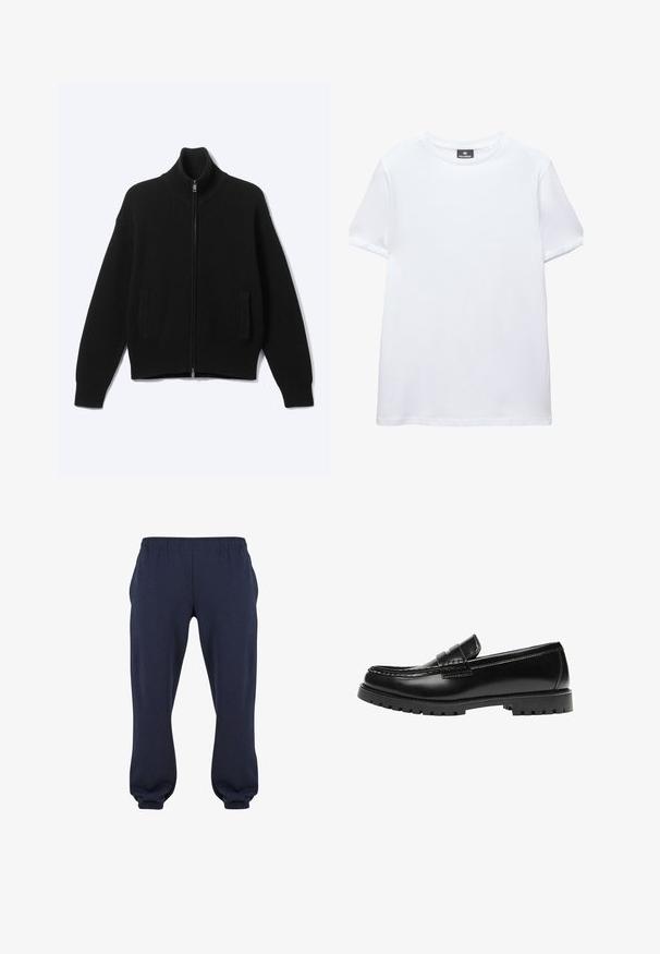 Pull noir en maille avec fermeture éclair, col montant et deux poches avant, présenté sur un fond clair uni.; T-shirt blanc uni à manches courtes, col rond, avec une étiquette noire Pull&Bear à l'intérieur du col, présenté sur fond blanc.; Pantalons de survêtement bleu marine avec une taille élastique et des manches resserrées, fabriqués en tissu doux, sans motifs ni accessoires visibles.; Mocassin en cuir noir avec une semelle en caoutchouc épaisse et un détail classique de bride à monnaie, vu de côté extérieur.